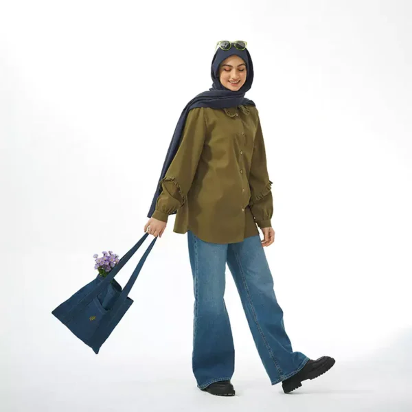 شومیز لینن سبز زیتونی